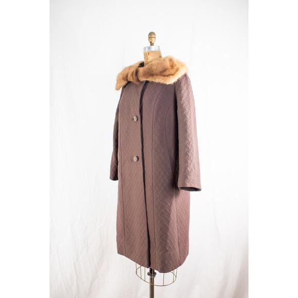 Vintage 60s Brown Wool Overcoat, Textured Coat Mink Fur Collar Glam Old Money, M - Picture 9 of 11
